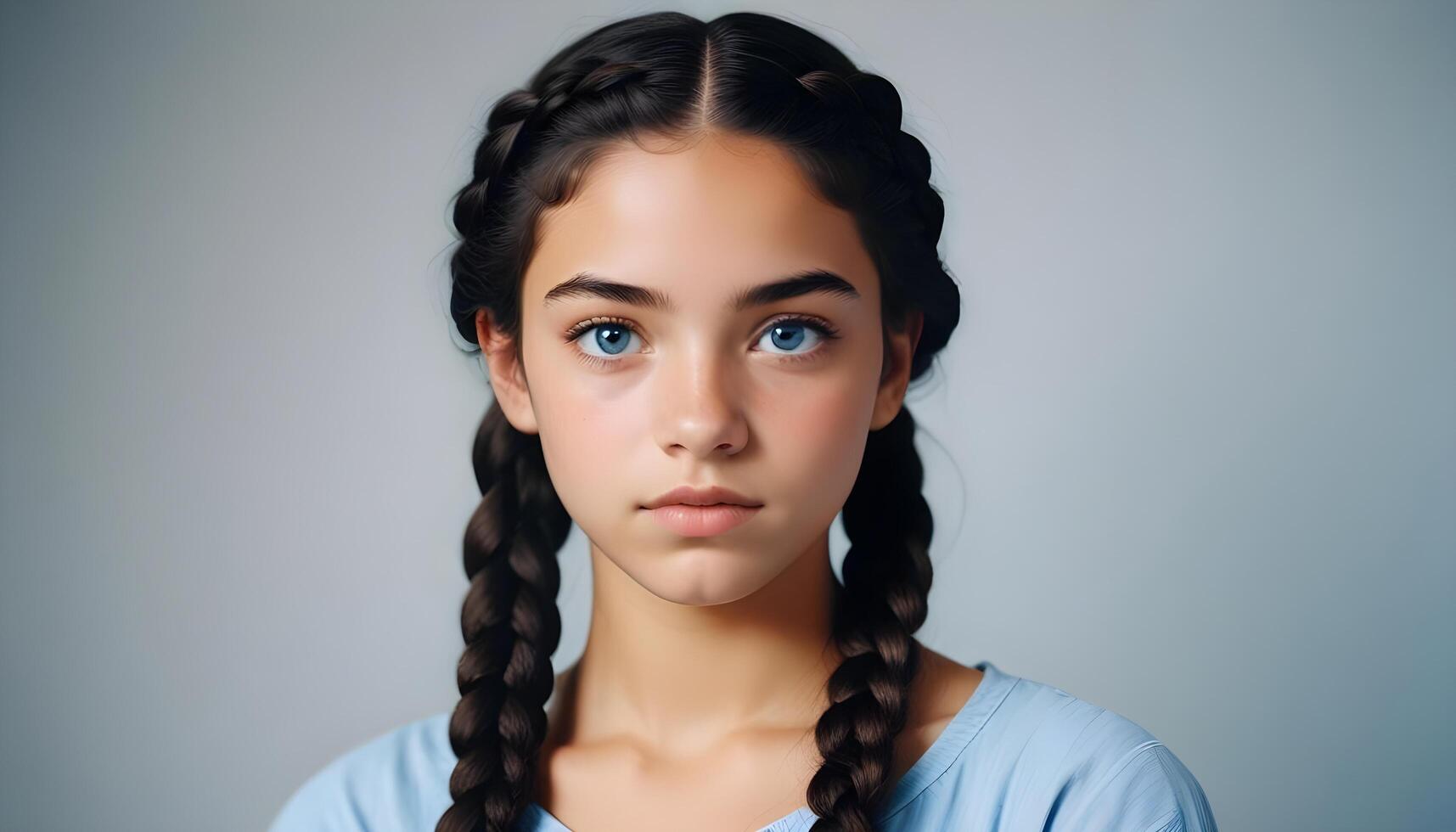 Mexican girl with braided hairstyle and sparkling eyes, softly lit in the studio photo