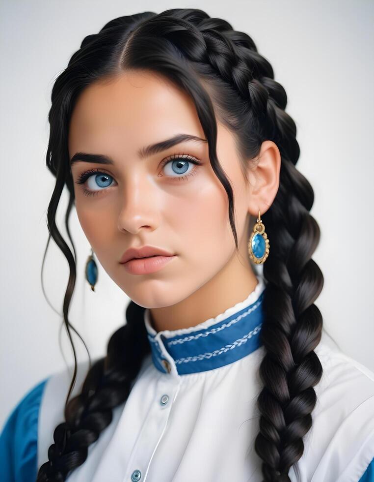 Mexican girl with braided hair and sparkling eyes, illuminated by a soft studio light photo