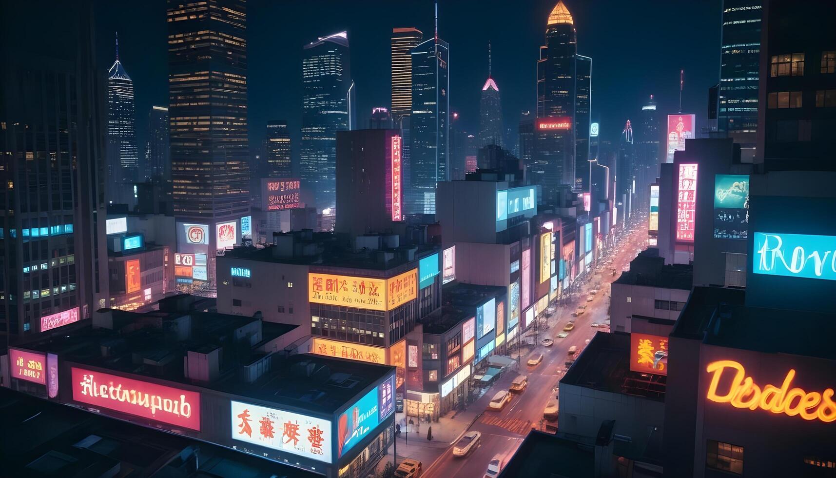 High rise cityscape shining with neon reflections and a vibrant street life photo