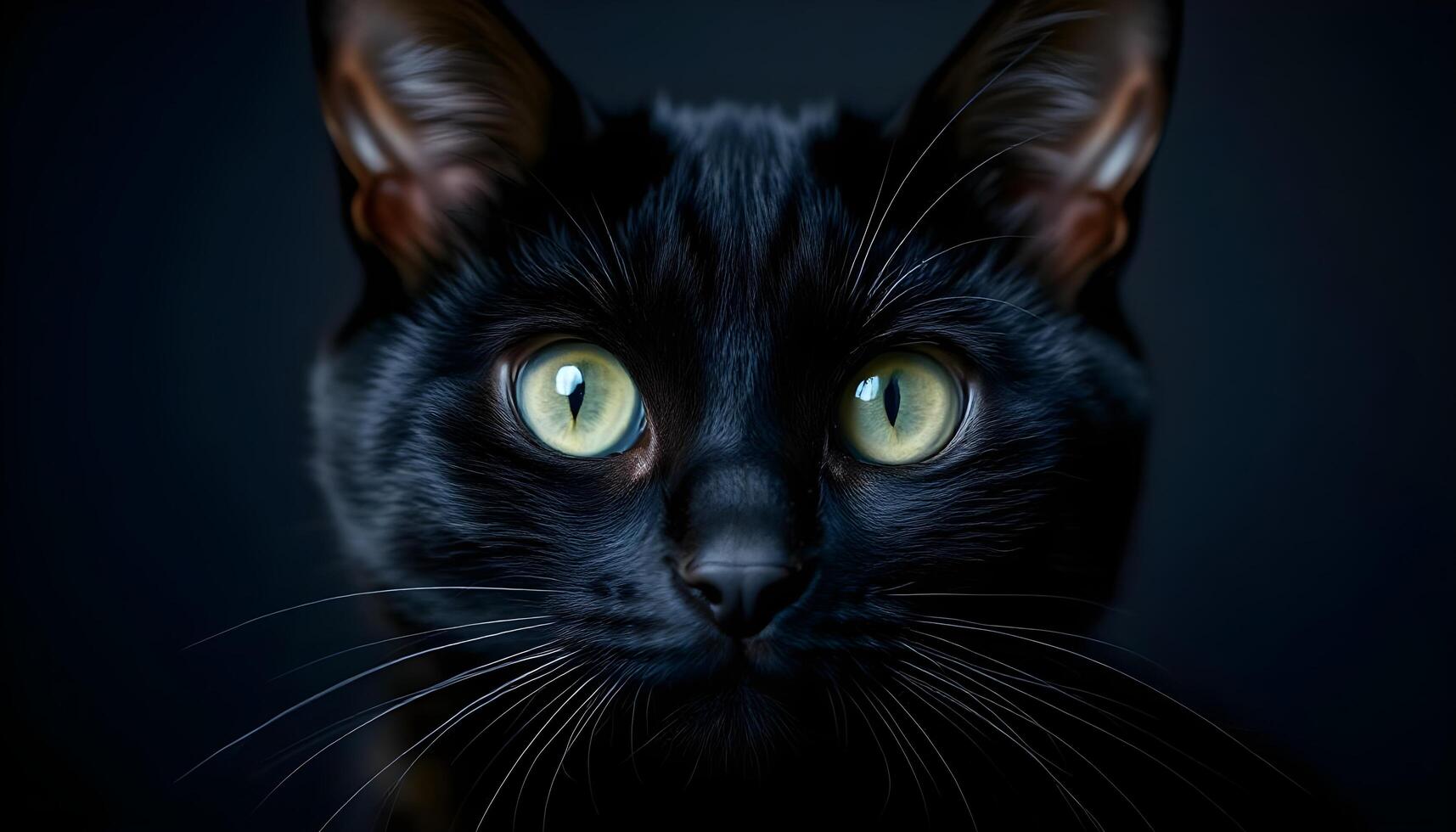 Black Cat with Piercing Green Eyes and Sleek Fur, Staring Intently into the Camera with a Dark Background photo