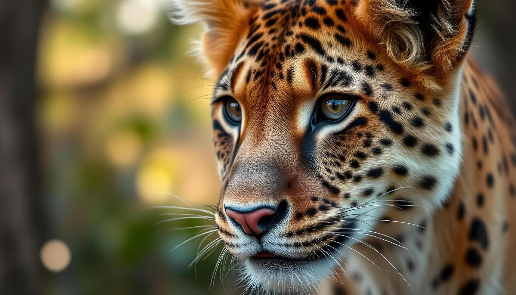 Leopard with orange black fur, piercing blue eyes, and a strong expression against a blurred background photo