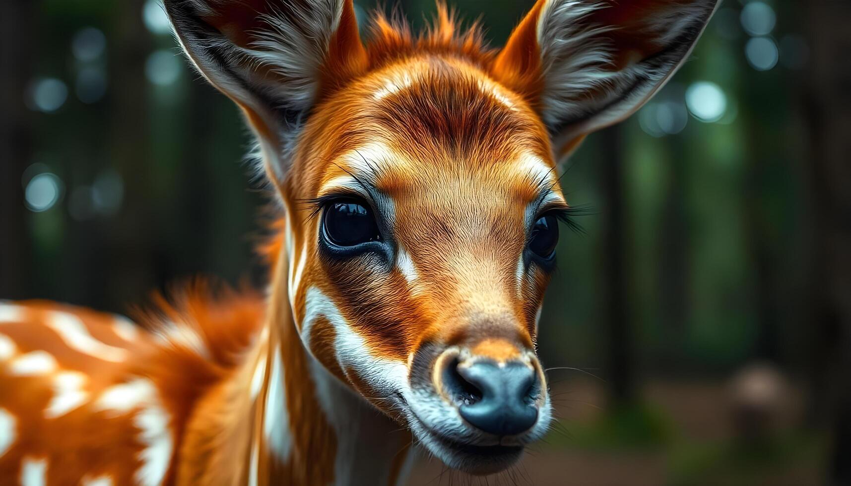 Close up of female bongo with vibrant fur pattern and curious eyes in a tranquil forest photo