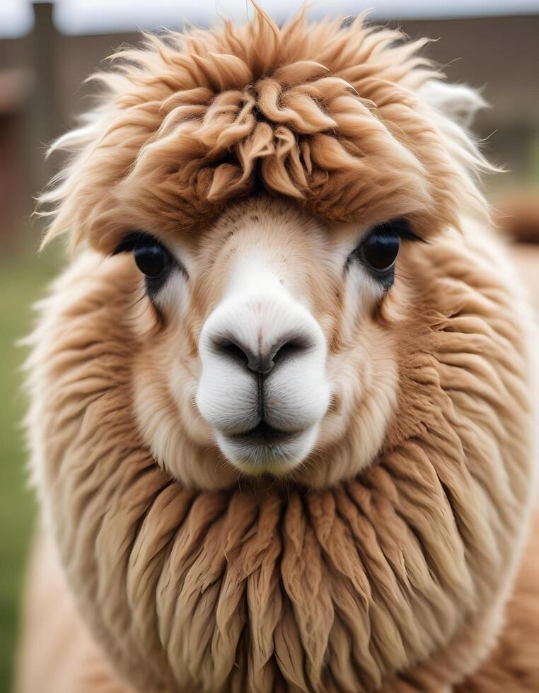 Female alpaca with thick curly fur and bright eyes in soft natural farm setting photo