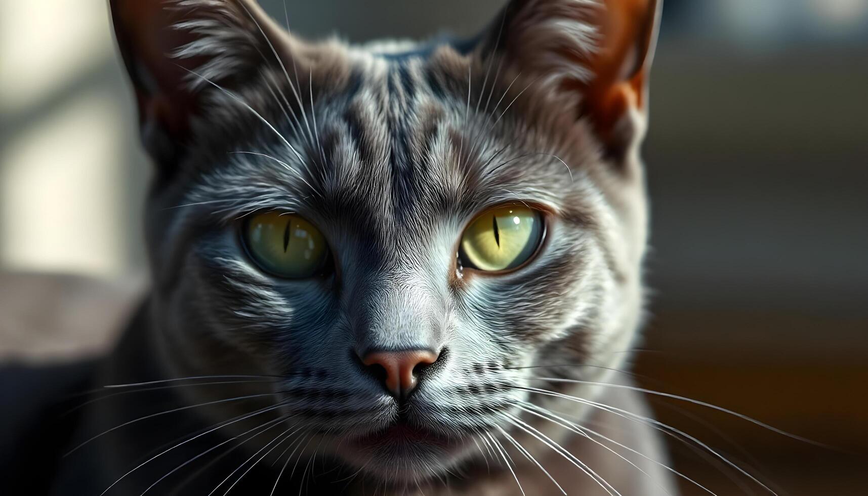 Russian Blue cat with green eyes and blue gray coat in soft natural light photo