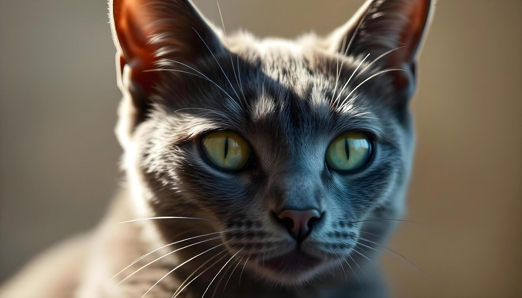 Close up of Russian Blue cat with green eyes and sleek coat in soft shadowed light photo