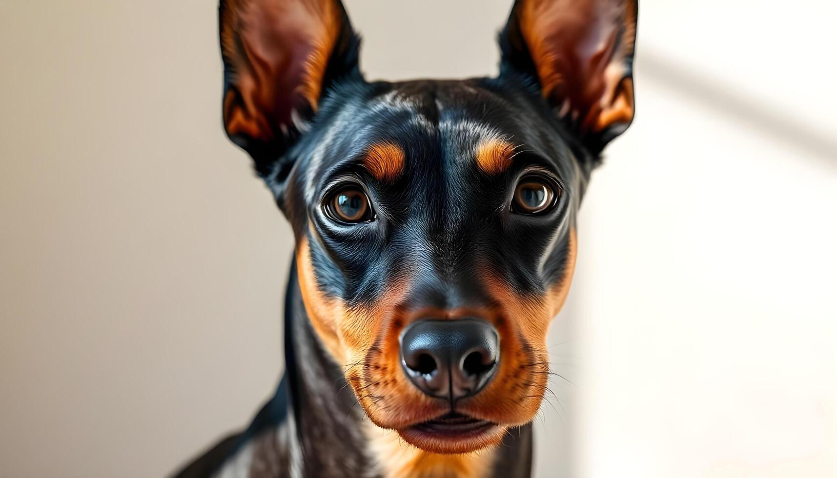 Close up of Austrian Pinscher with smooth coat and bright eyes captured in soft light photo