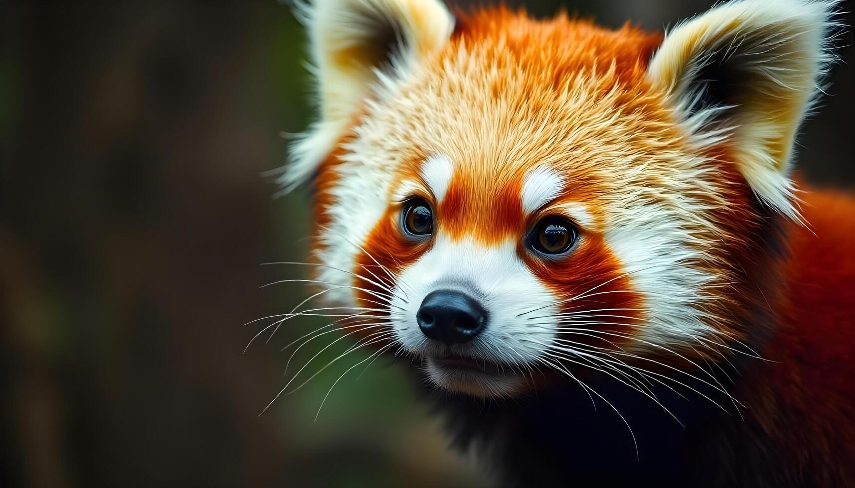 Portrait of a red panda, focusing on her inquisitive eyes, fluffy striped tail, and the vibrant tones of her fur, with a blurred woodland background photo