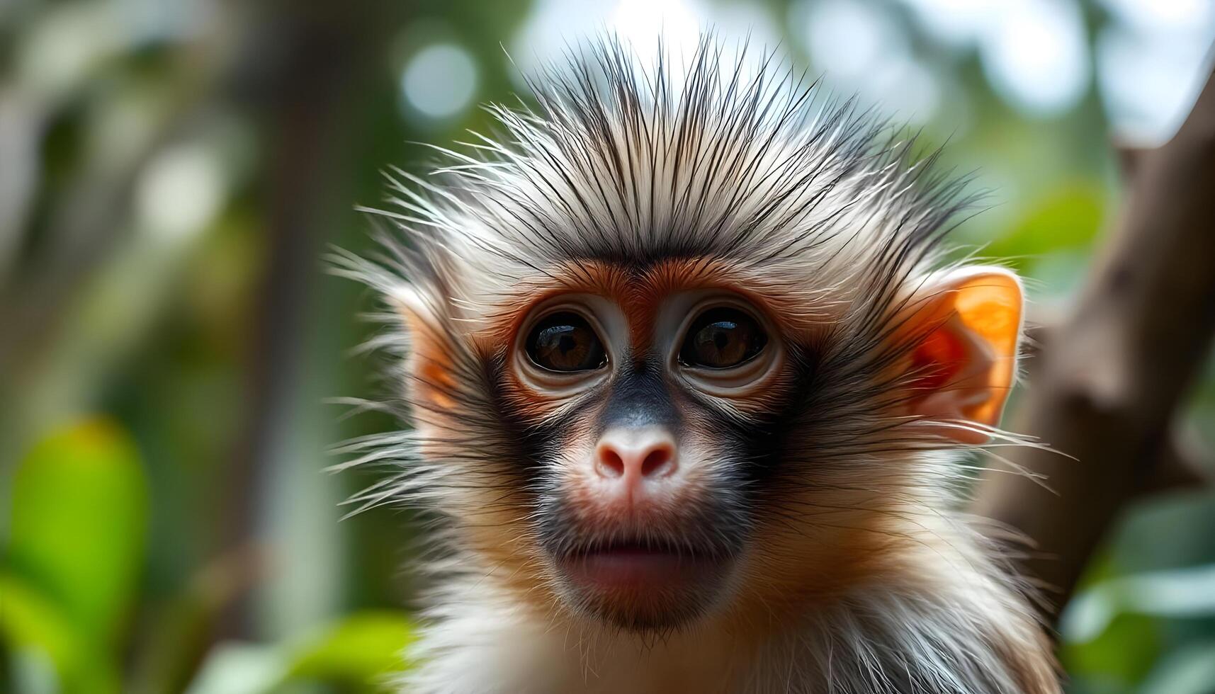 Extreme close up of a male capuchin monkey with inquisitive expression and fine fur photo