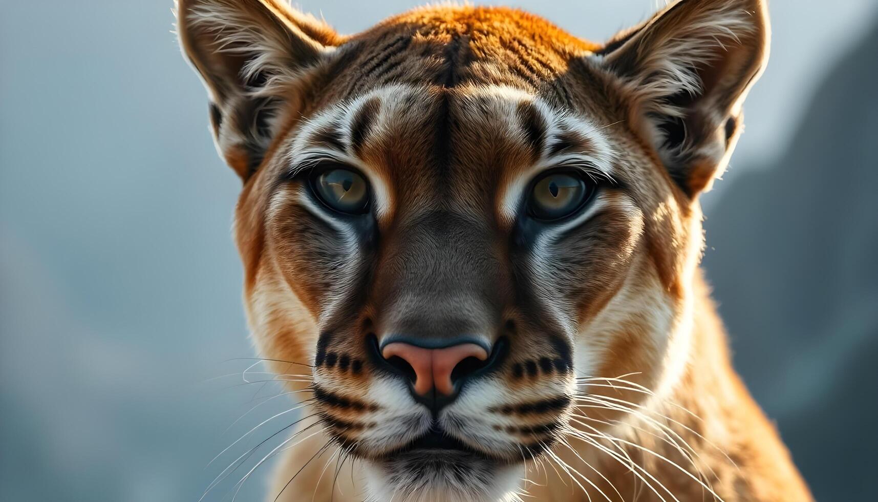 Extreme close up of a male mountain lion with intense gaze and defined muscular features photo