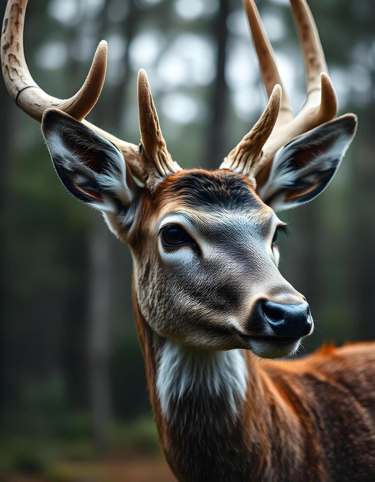 Detailed portrait of a male white tailed deer, highlighting his velvet antlers and soft expression photo