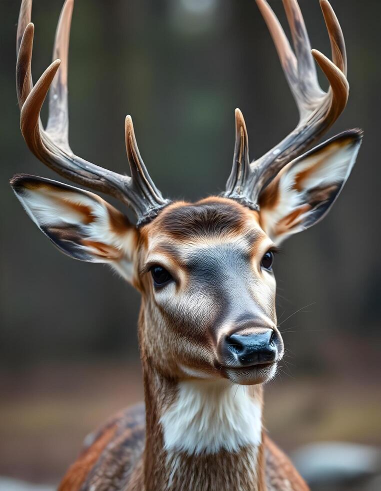 Sharp focus on the antlers and fur texture of a male white tailed deer, against a blurred forest backdrop photo