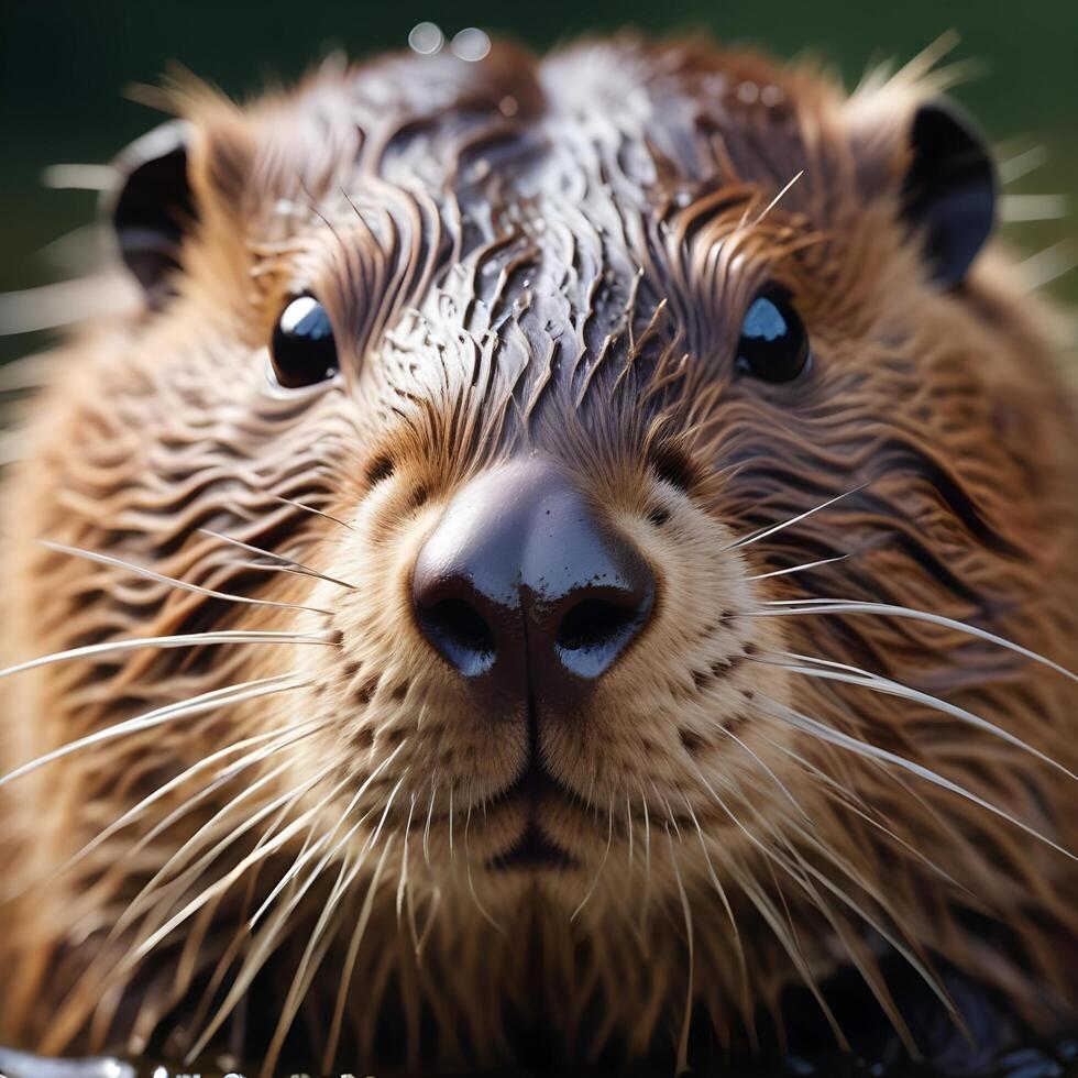 Extreme close up of a young male beaver with shiny fur and a large nose, whiskers prominent photo