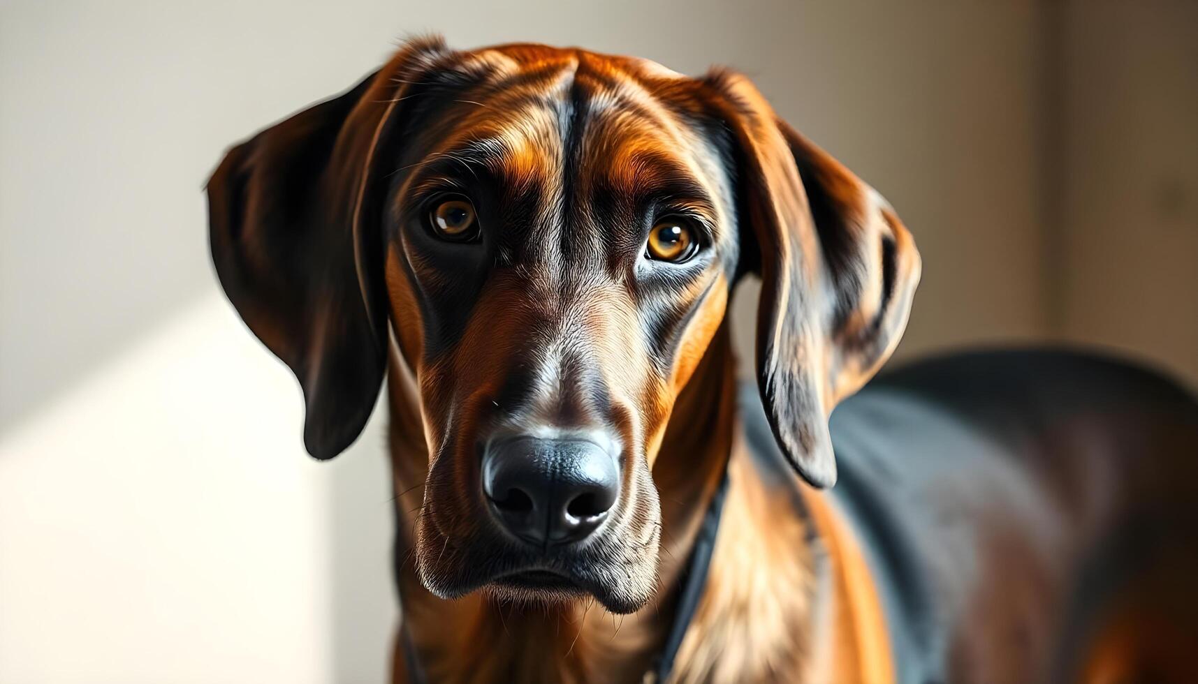 Bavarian Mountain Hound Staring Intently with Amber Eyes and Dense Coat photo