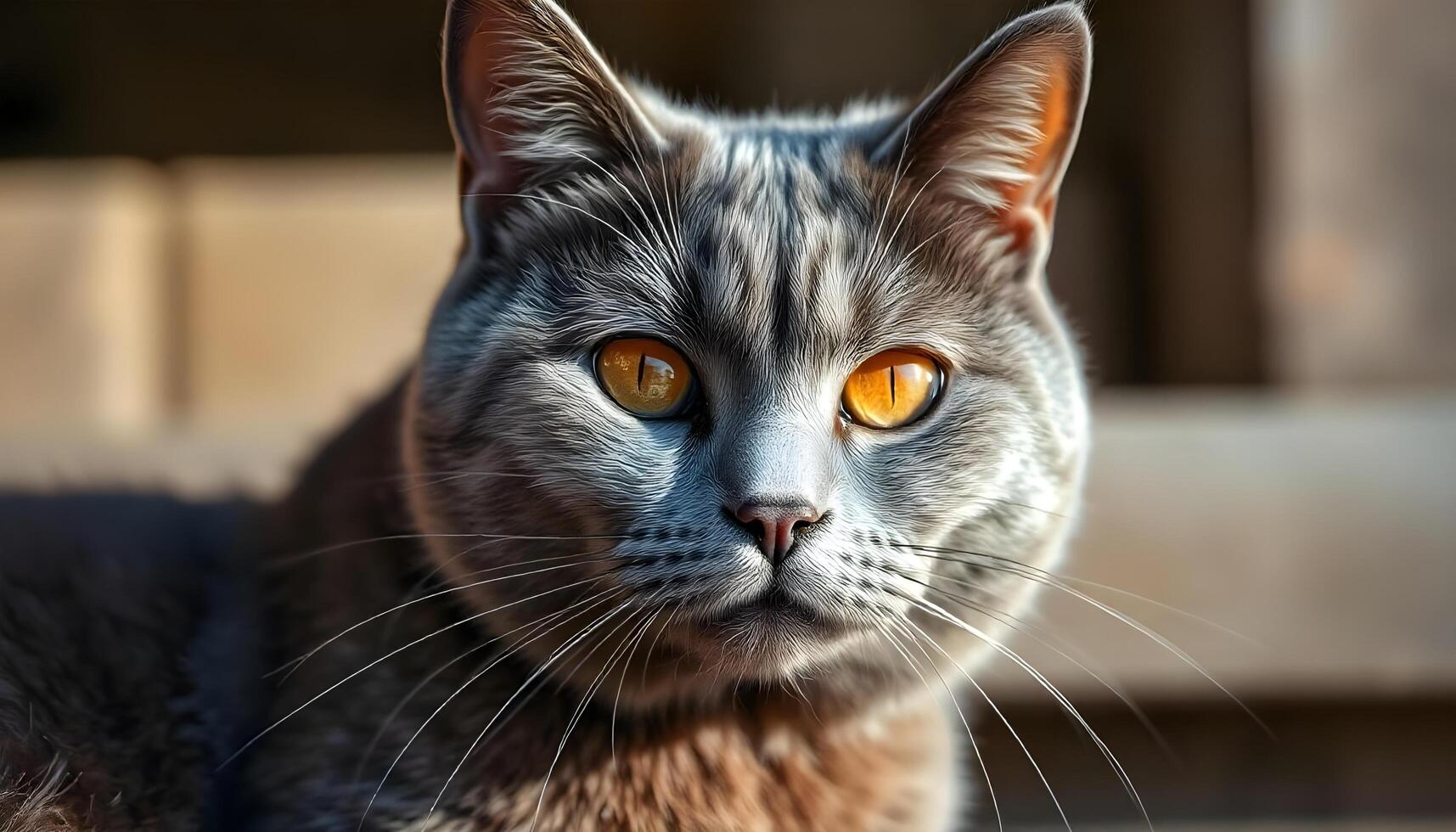 Chartreux Cat with Soft Focus, Copper Eyes, and Blue Gray Fur photo