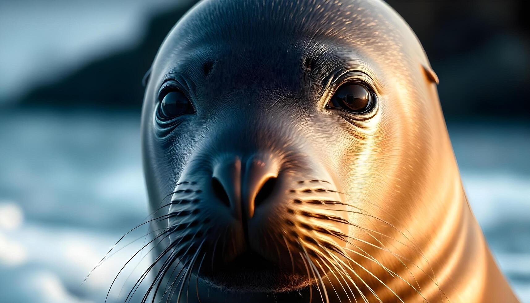 Detailed Close up of a Female Seal with Glowing Eyes and Soft Wet Fur photo