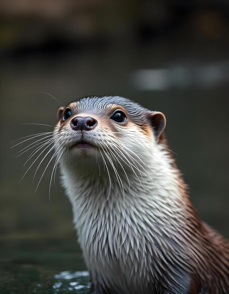 Male Otter with Sleek Coat and Playful Expression, Soft River Background photo