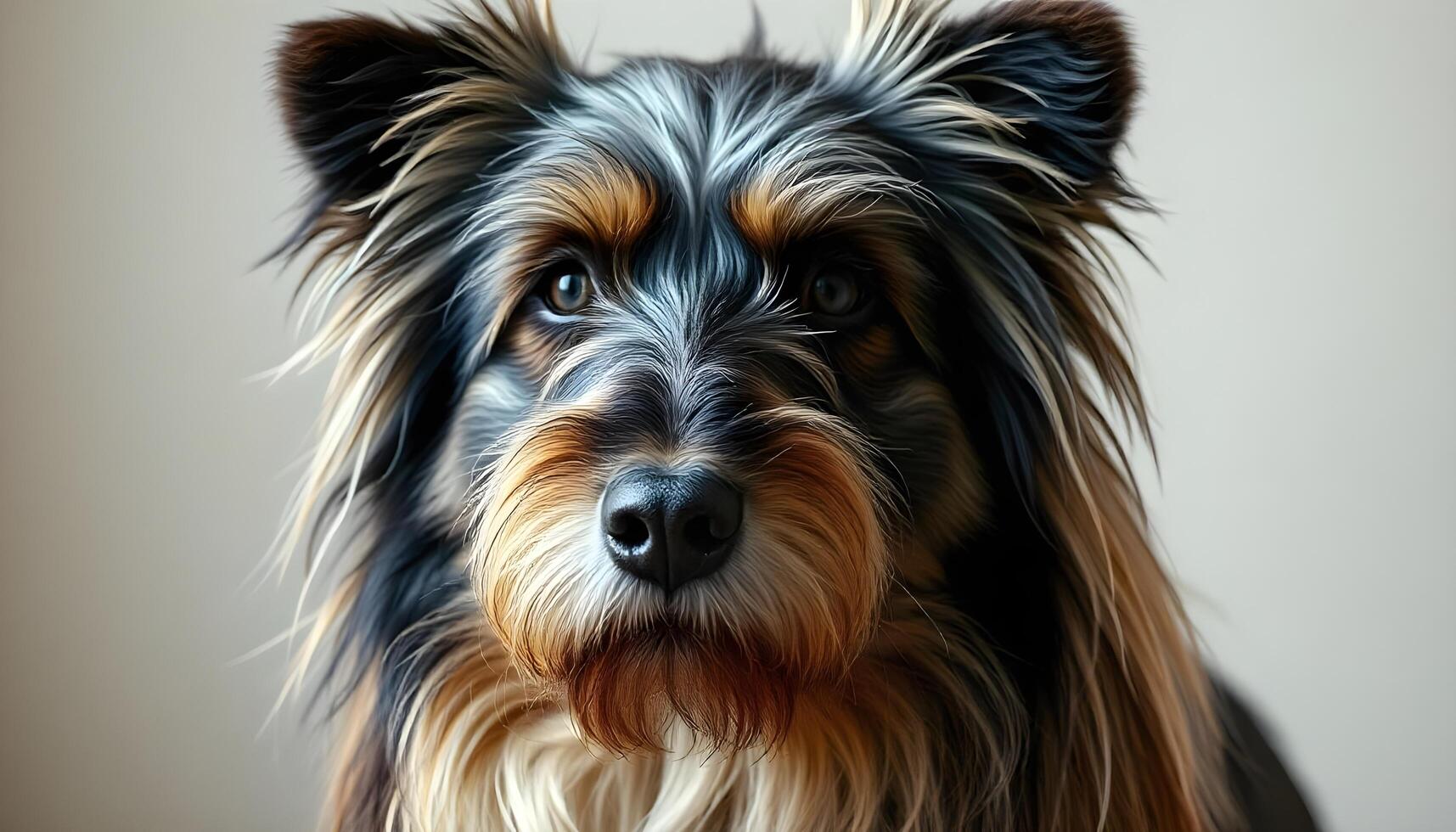 Close Up of a Polish Lowland Sheepdog with Long Fluffy Coat and Dark Eyes photo