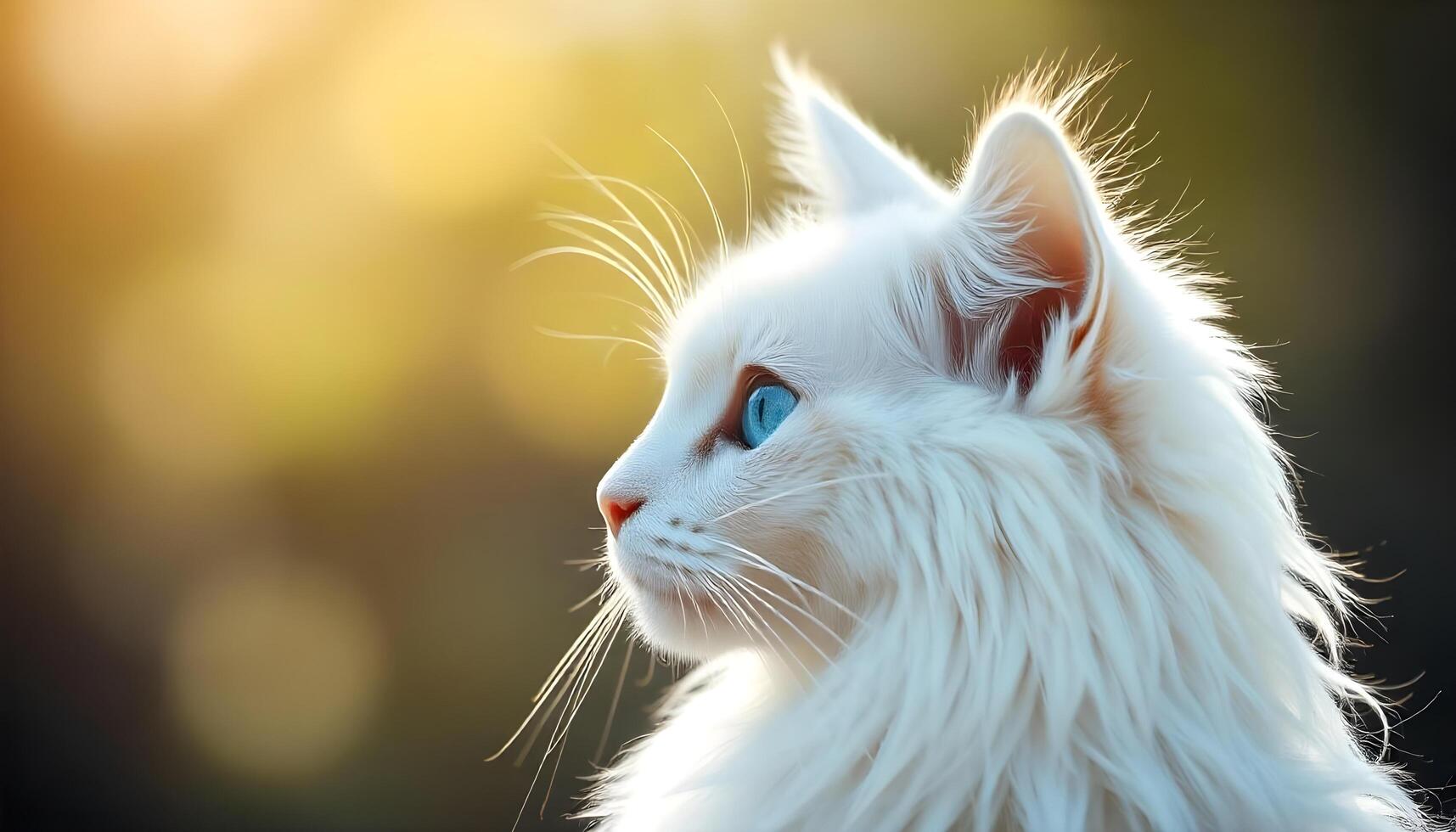 Side profile of a Turkish Angora with bright blue eyes and flowing white fur, serene expression photo