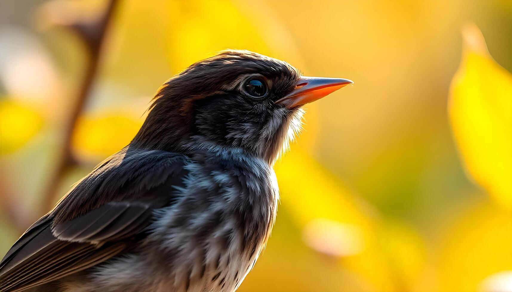 Close up of a female sparrow with dark feathers and a blue eye against blurred green foliage photo