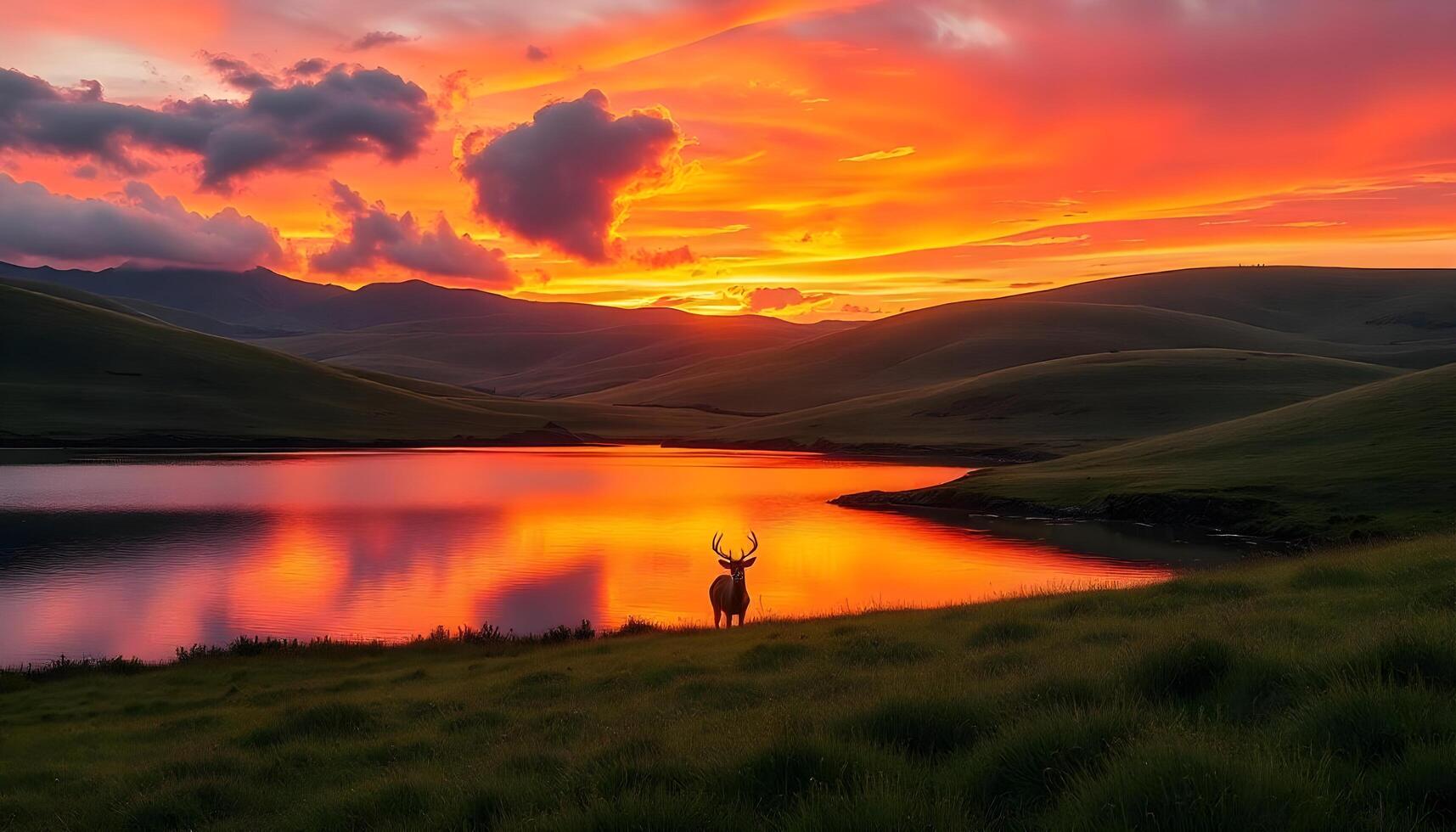 Person on a grassy hill overlooking a serene lake with a vibrant sunset reflected in the water photo