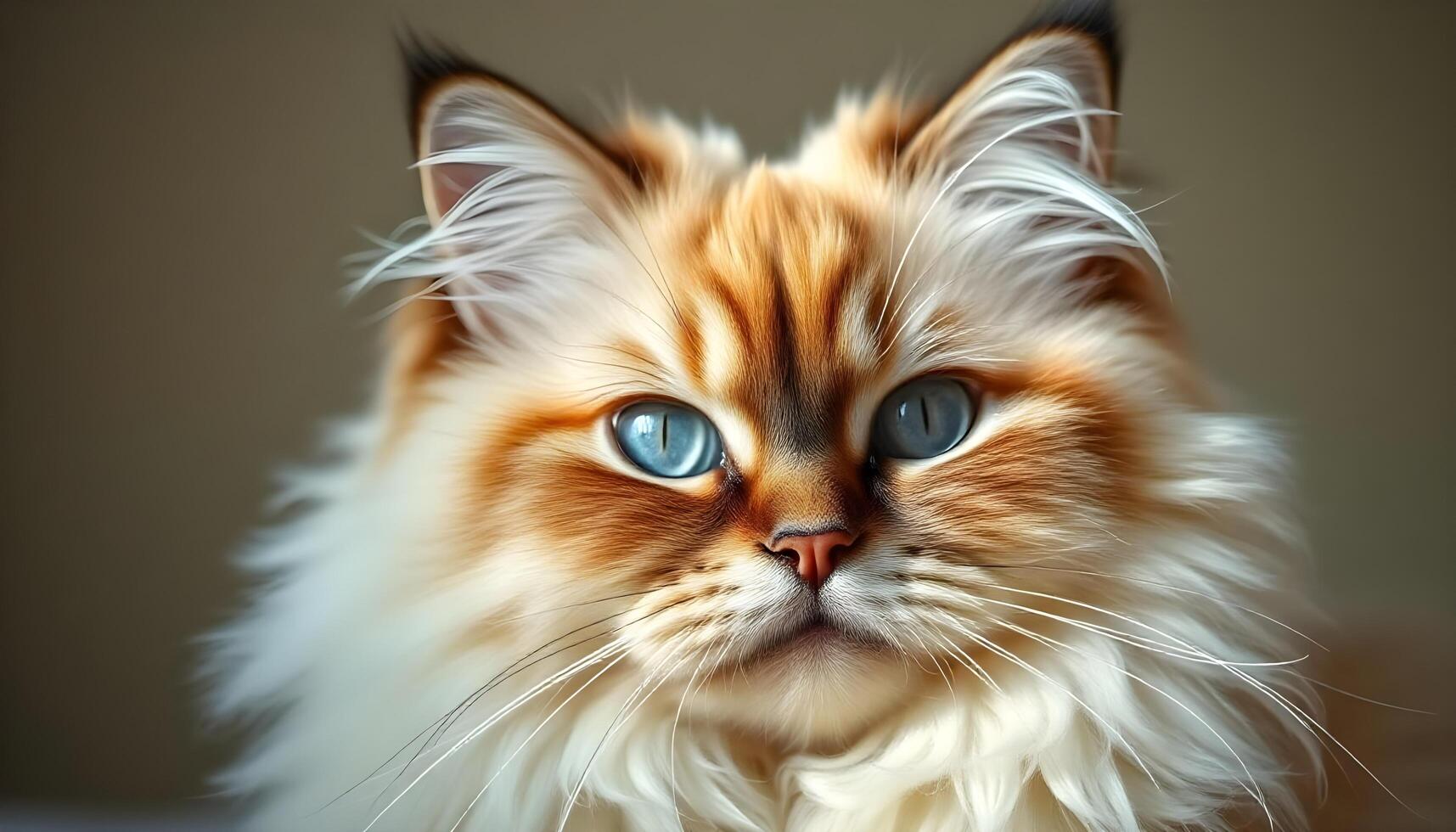 Long haired Himalayan cat with blue eyes, whiskers highlighted by soft light photo