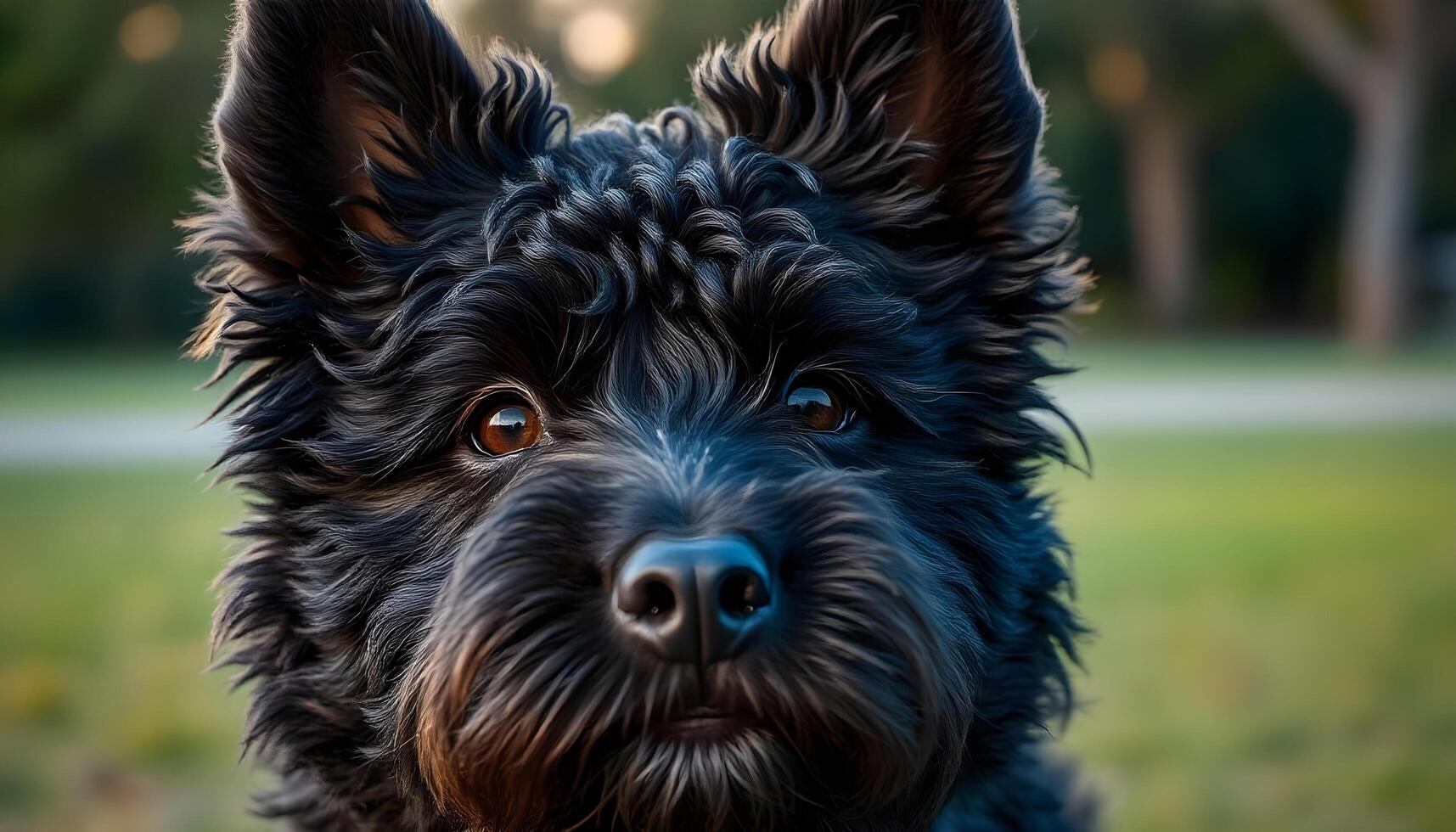 Close up of a Pumi dog with dense curls, focused gaze, and sharply outlined whiskers photo
