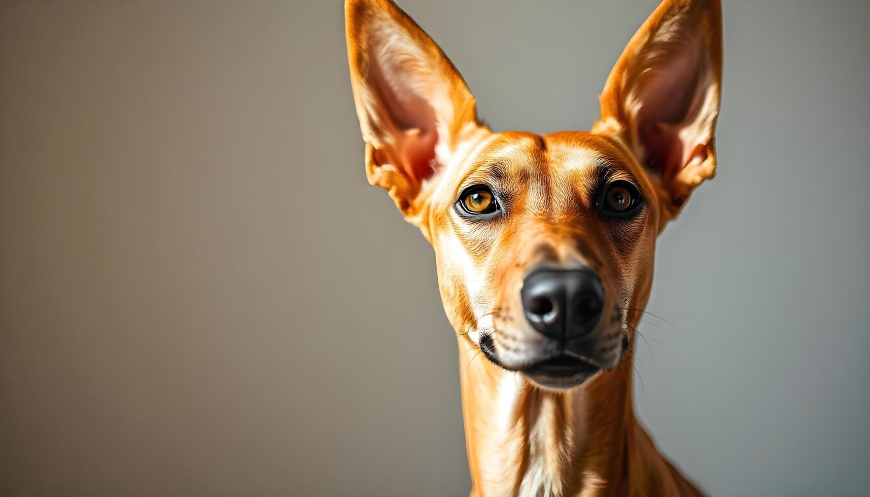Portrait of an Ibizan Hound, emphasizing its elegant build, sharp amber eyes, and distinctive upright ears, softly blurred neutral background photo