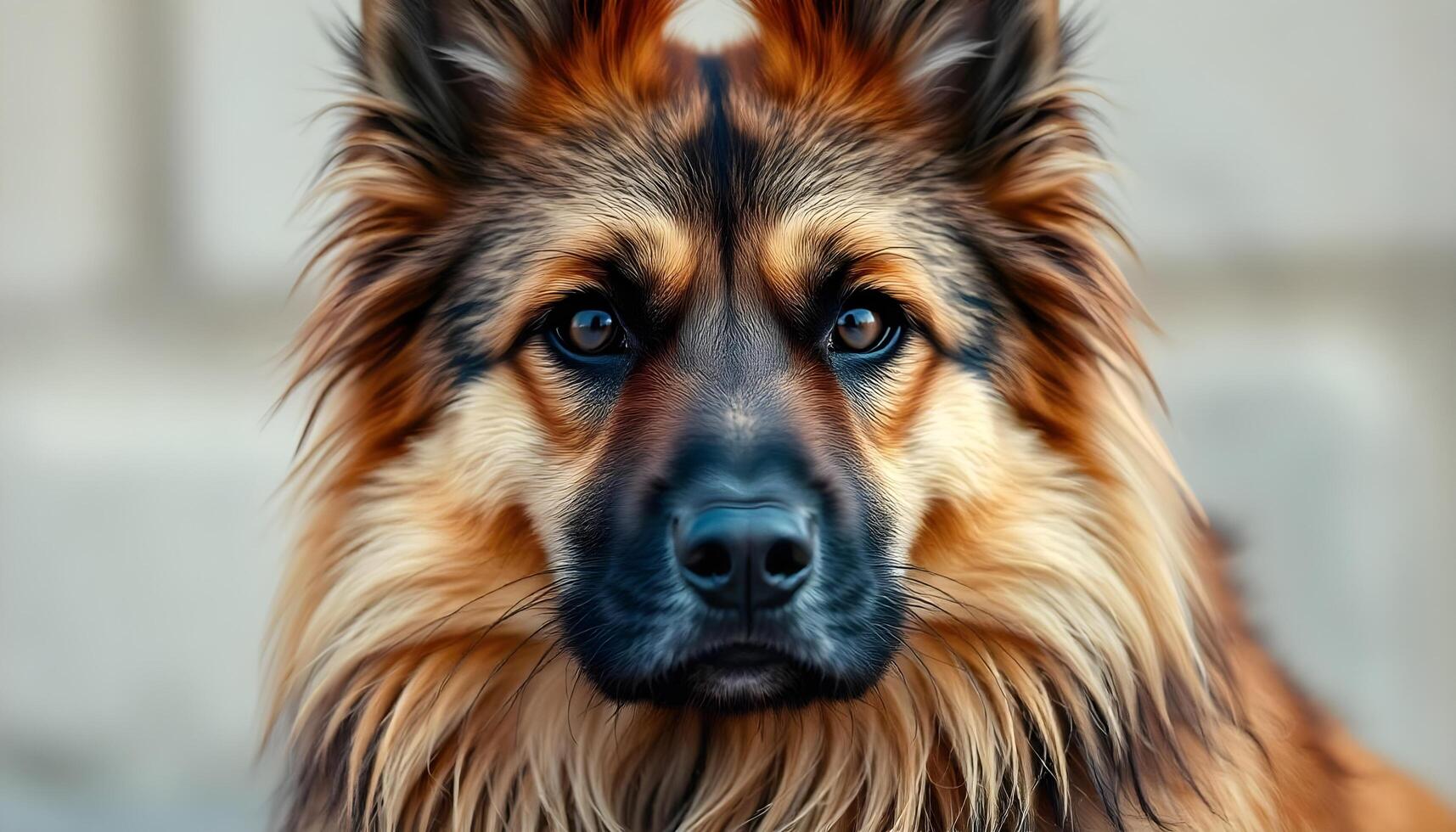 Close up of Tervuren with calm demeanor and long fawn fur illuminated by soft light photo