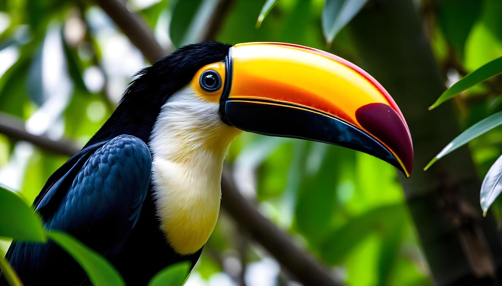 Close up of a toucan, vibrant beak, perched on a branch, black feathers, surrounded by lush green leaves photo
