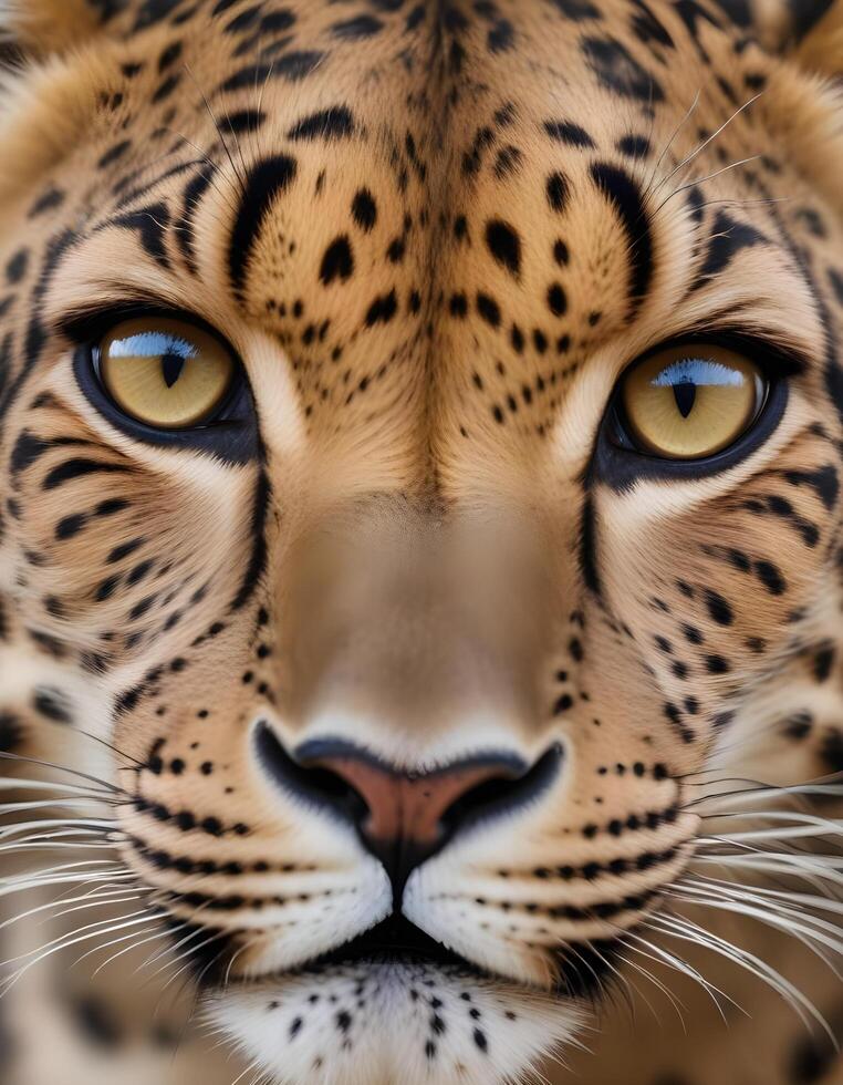 Close up shot of a female leopards piercing eyes, with rosette patterned fur softly blurred photo