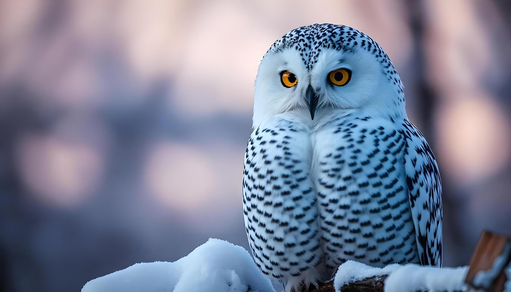 Snowy owl portrait with striking yellow eyes and intricate feather details, perched on a twilight lit branch photo