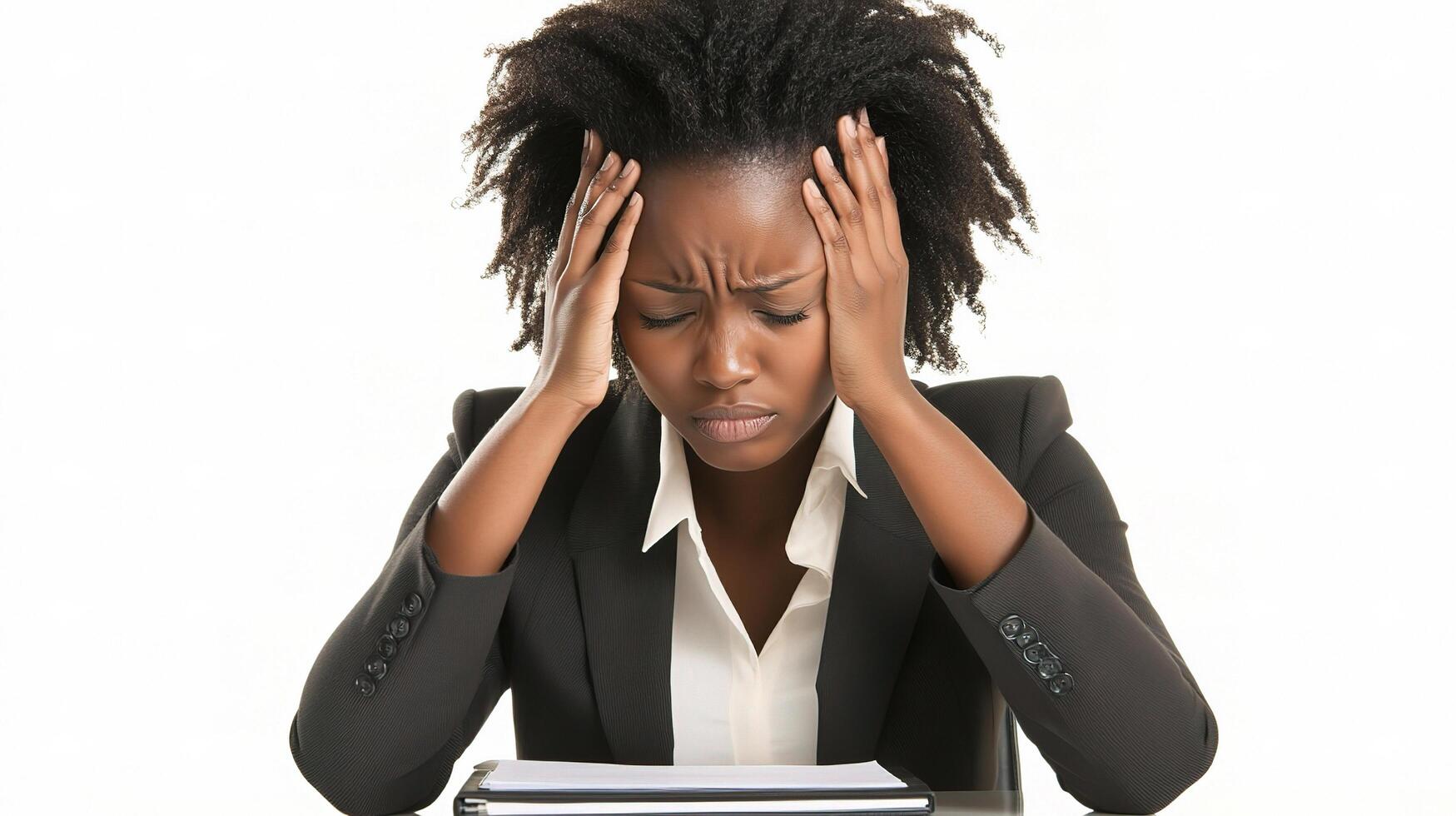 A woman in a business suit is sitting at a desk with her head in her hands photo