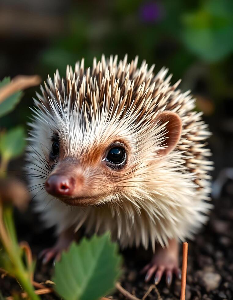 Portrait of a female hedgehog with her spiky quills and curious eyes photo