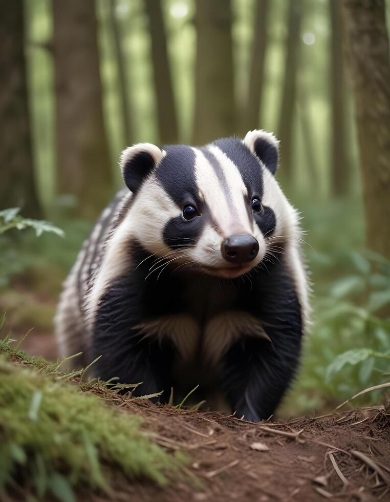 Curious Male Badger with Distinctive Fur and Woodland Background photo