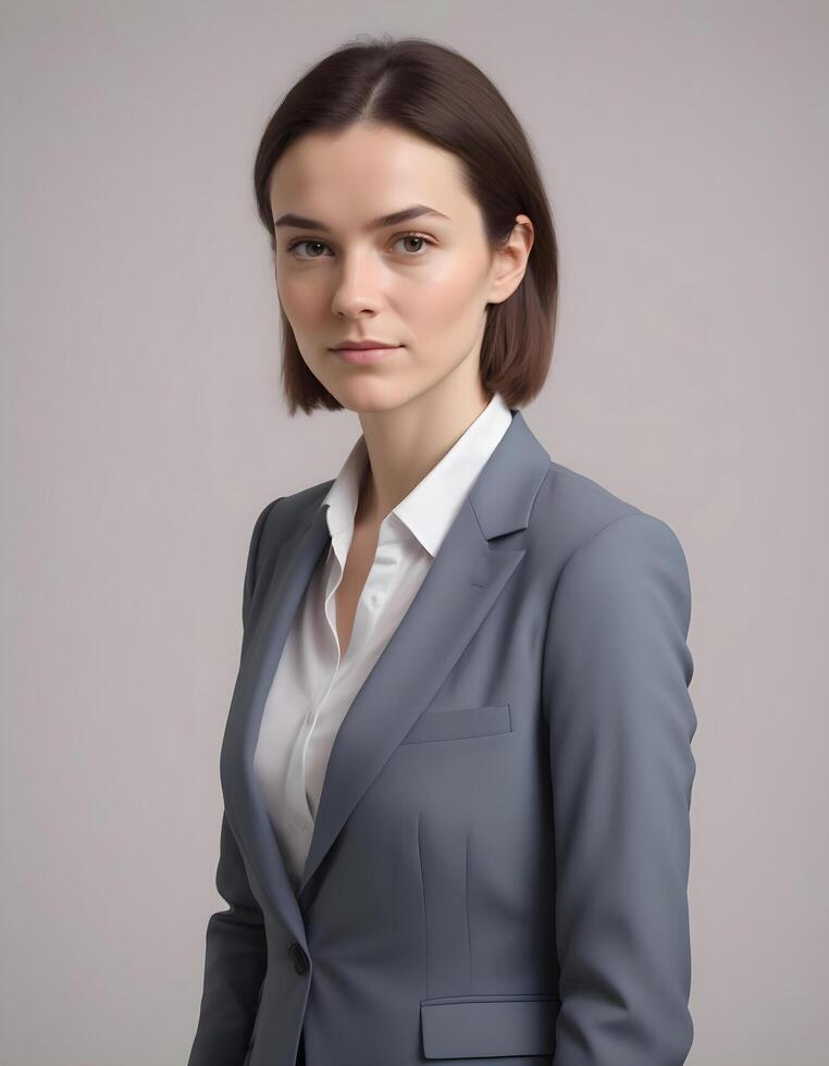 British woman in a sleek business suit, standing confidently against a neutral backdrop photo