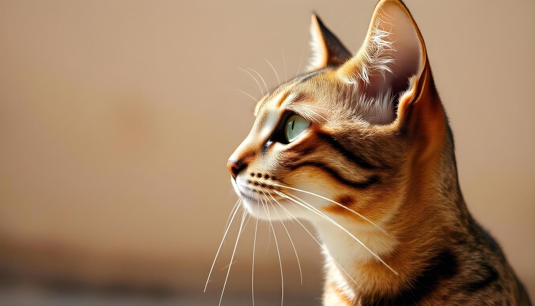 Sokoke cat with green eyes and marbled coat in side profile, focused expression against a plain background photo