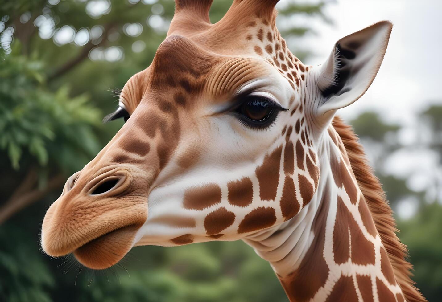 Female giraffe with long eyelashes and playful tongue, captured in a close up photo
