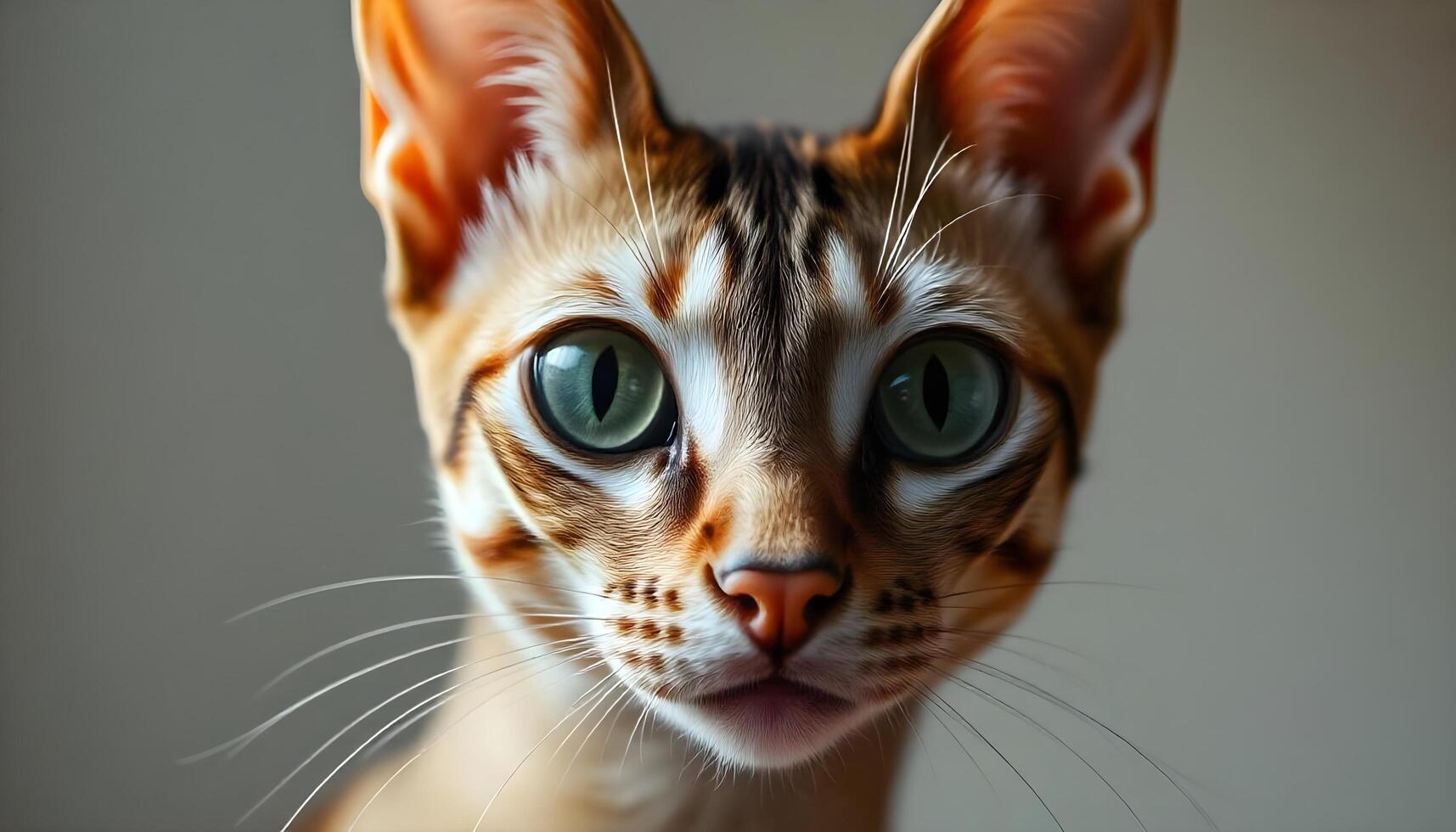 Elegant Oriental Shorthair cat with striking green eyes and soft lighting photo