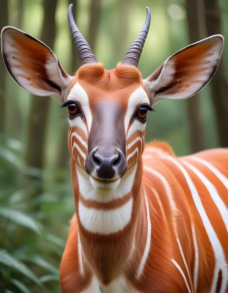 Close up of a female bongo antelope highlighting her unique orange and white stripes photo