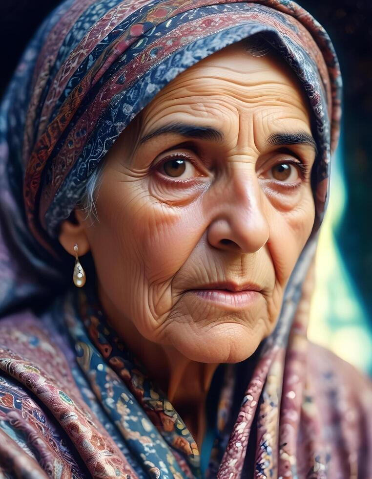 Close up of elderly woman with weathered face and serene look in traditional attire photo