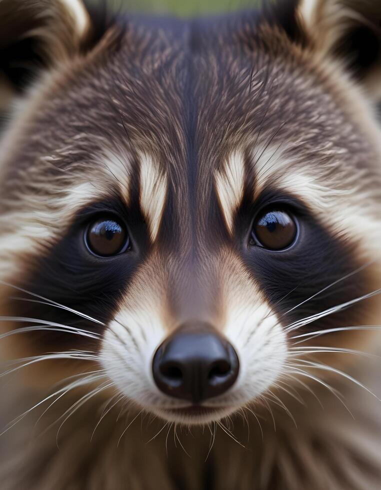 Portrait of a raccoon, highlighting his sharp facial features, distinctive black mask markings, and curious expression, with a softly blurred woodland setting photo