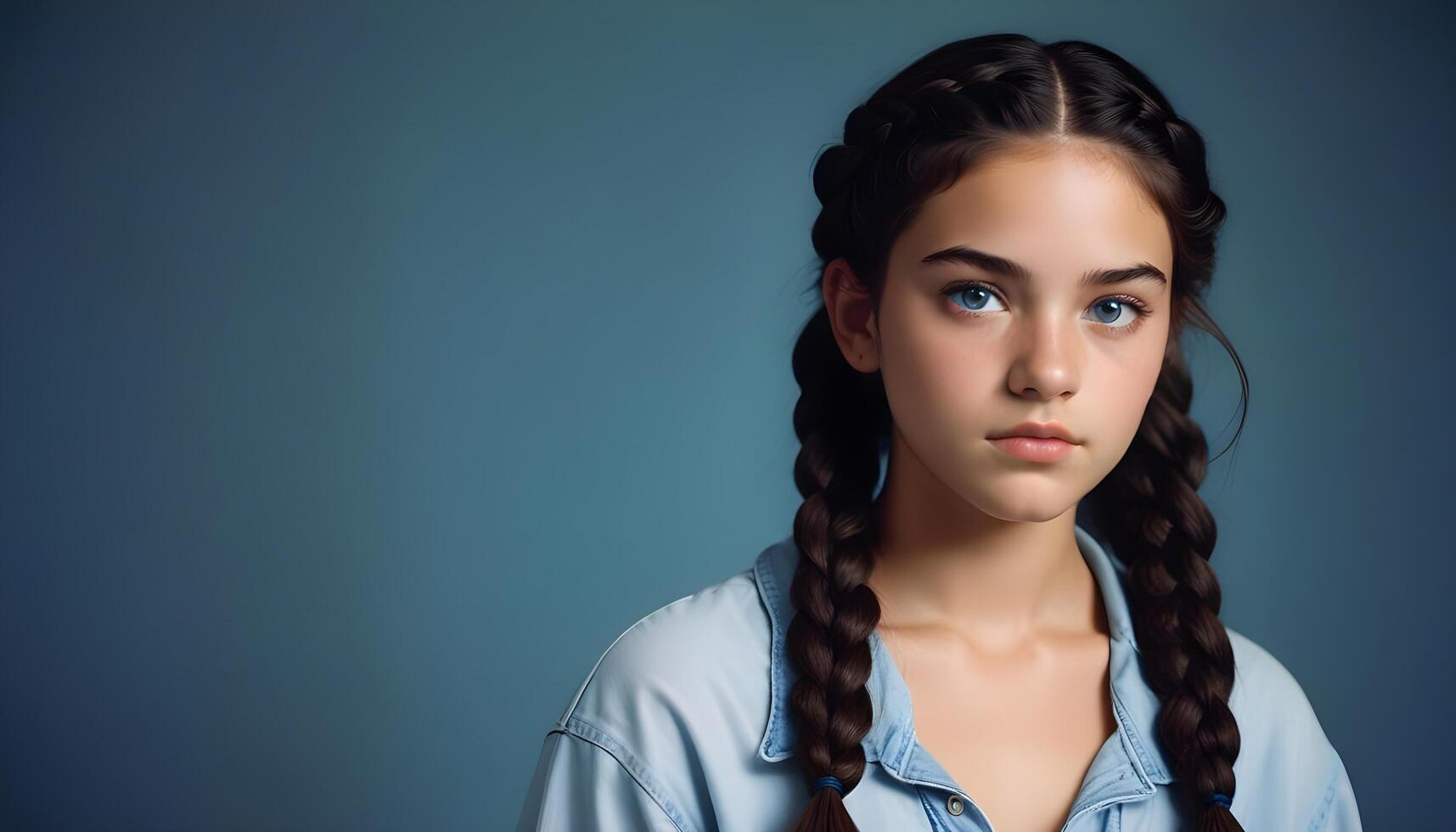 Portrait of a smiling Mexican girl with intricate braids and bright, glowing eyes photo