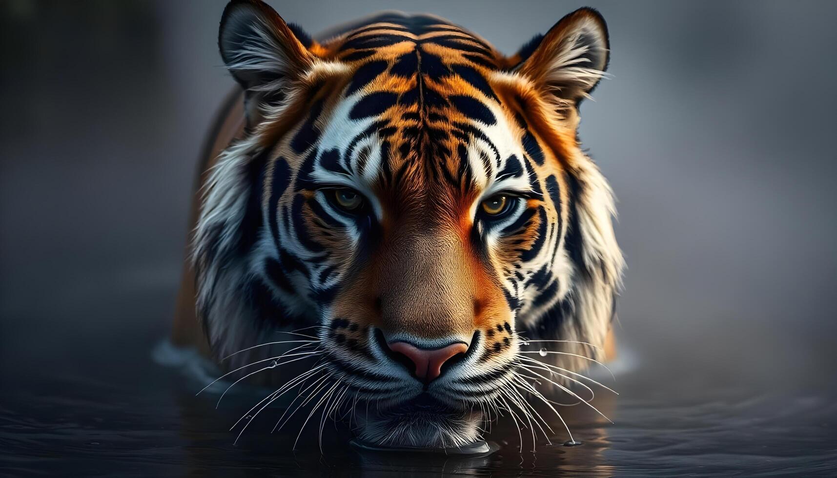 Siberian Tigers face in close up, with droplets of water on its fur, as if its just emerged from a river, surrounded by a misty atmosphere photo