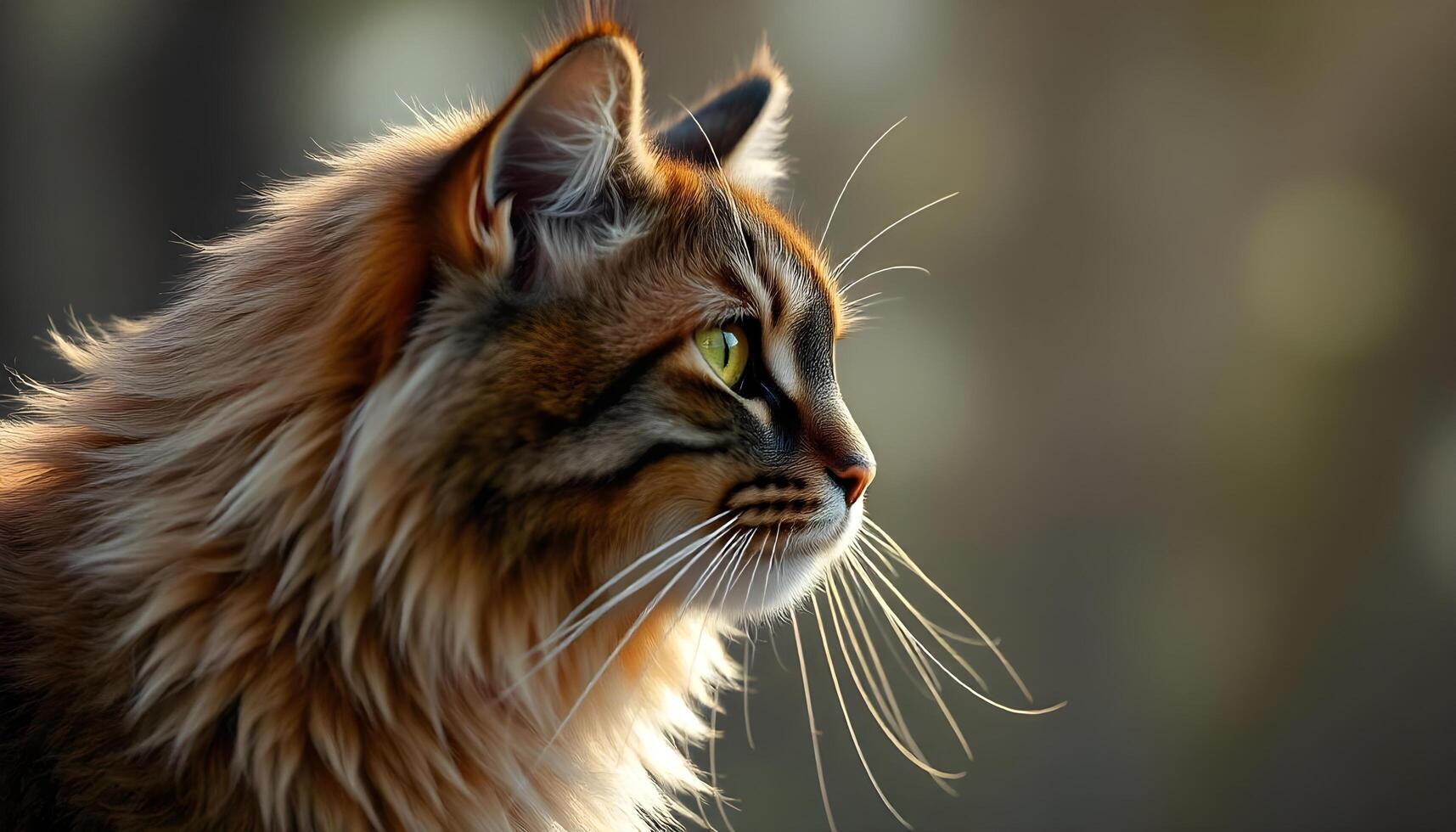 Side profile of a Norwegian Forest cat, yellow eyes and serene expression against nature photo