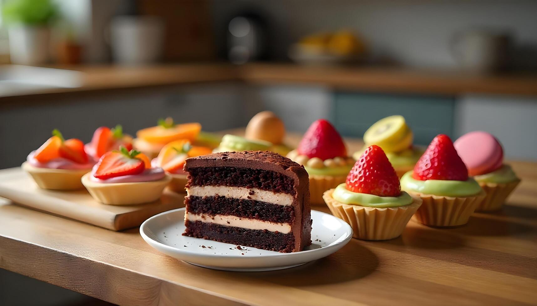 Colorful desserts on a wooden table, including chocolate cake, fruit tarts, and pastel macarons, with a soft focus background photo