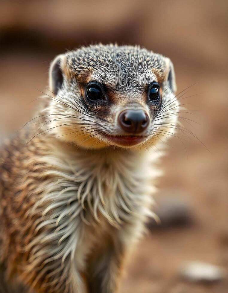 Alert female mongoose with fine fur and sharp eyes, set against a blurred savannah photo