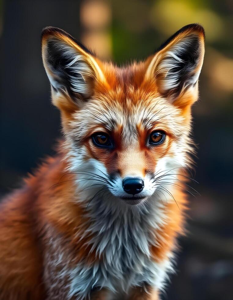 Close up of female red fox with vivid fur and focused gaze against blurred woodland photo