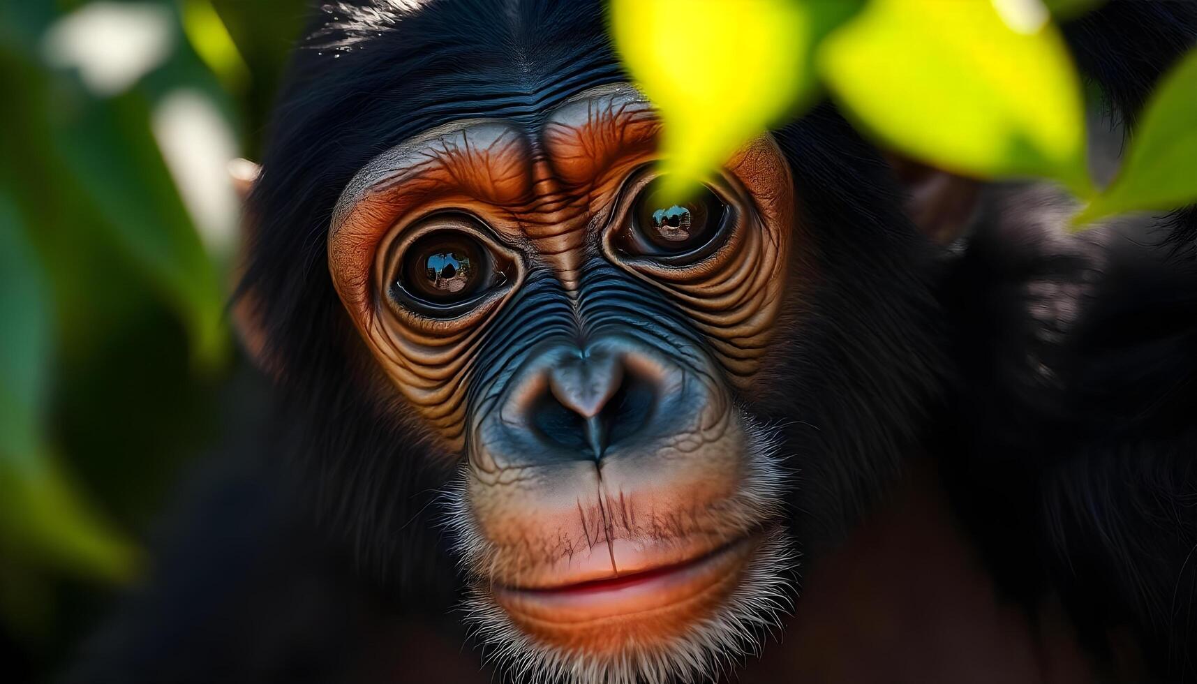 Close up of a chimpanzee, curious stare, sunlight filtering through dense green leaves photo