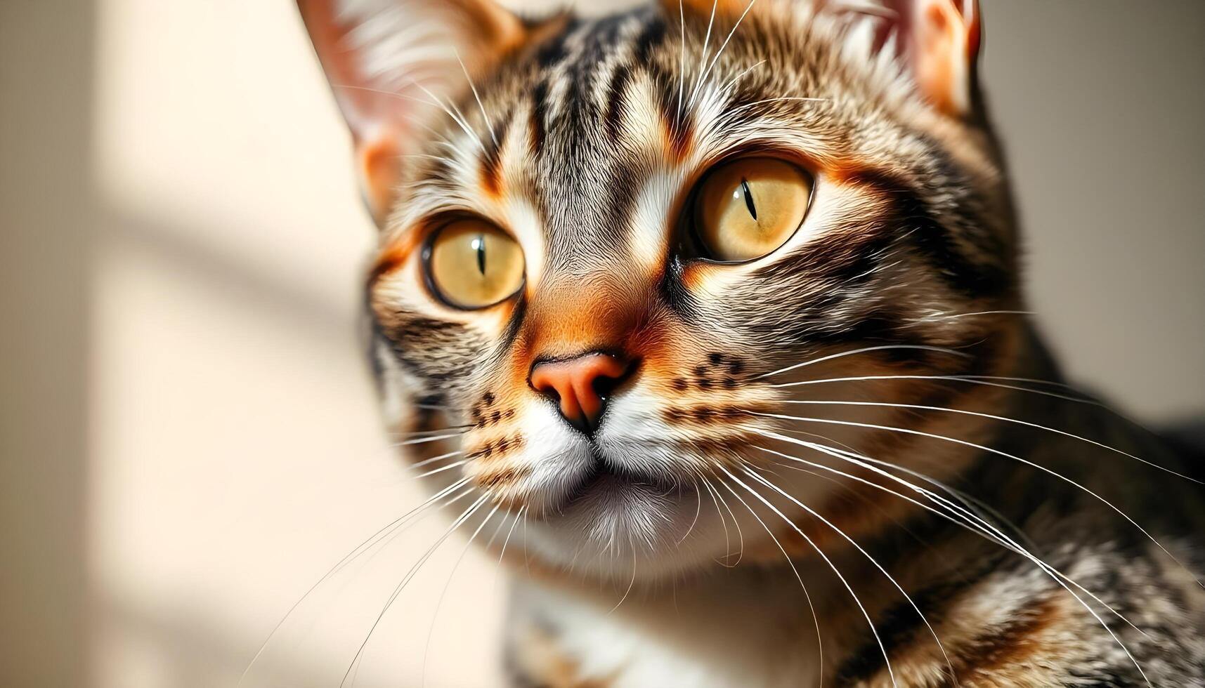 Detailed close up of an American Shorthair with bright yellow eyes and sleek fur photo