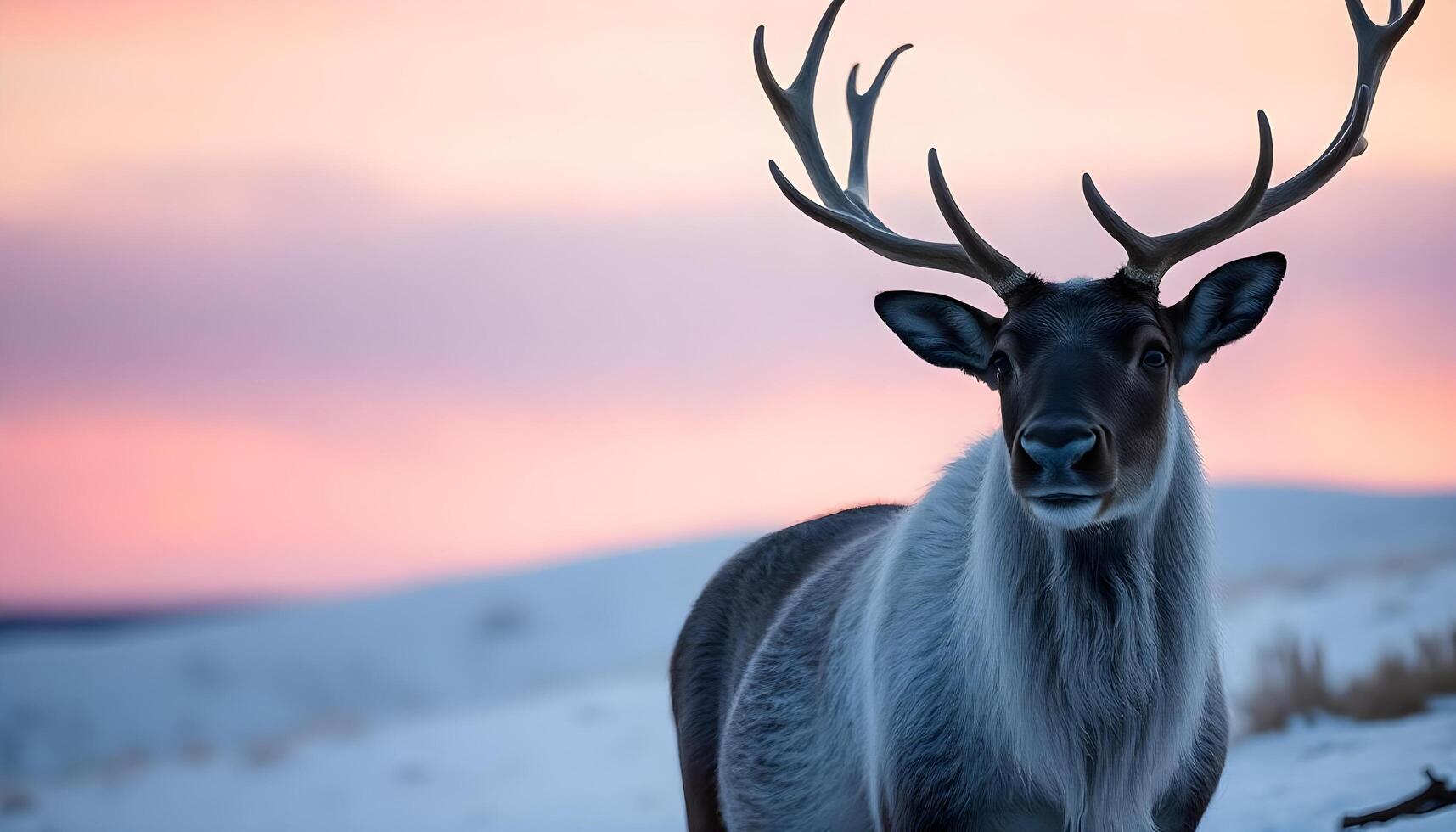 Portrait of a reindeer with large antlers, displaying its thick fur, standing on a snowy hill with a soft pink dawn sky behind photo